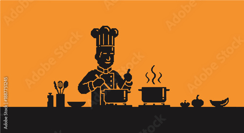 pixel art chef cooking food in a retro kitchen scene preparing ingredients for culinary content ideal for digital media and simple illustrations