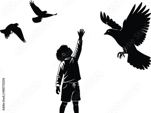 Child reaching flying birds silhouette illustration, freedom innocence hope concept, minimal black white artwork, imagination childhood dream scene, vector art