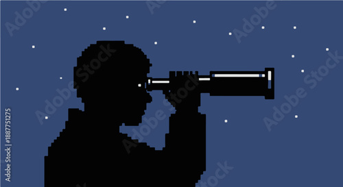 stargazing at night with a telescope a pixel art illustration of a person exploring the cosmos for science education and digital media projects