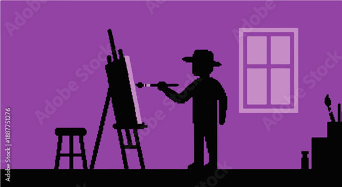 pixel art artist silhouette painting on an easel in a creative studio perfect for digital art inspiration and design resources.