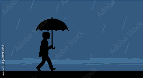person walking in rain pixel art silhouette with umbrella against dark blue background representing a solitary journey gloomy weather.