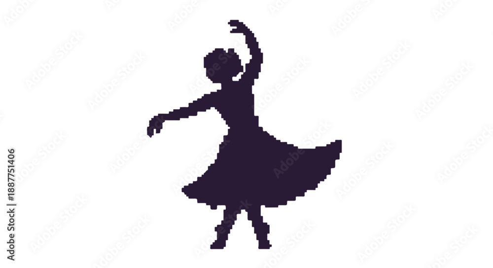Fototapeta premium pixel art dancing woman silhouette presenting expressive movement suitable for retro digital design projects app icons and web graphics.