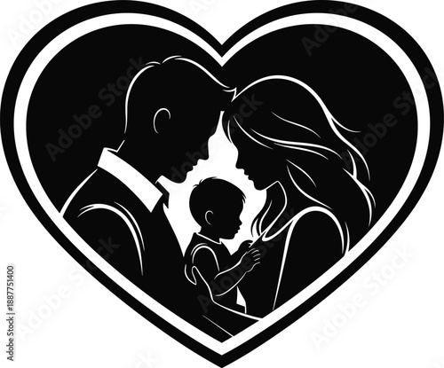 Family love silhouette inside heart showing parents and baby, motherhood fatherhood concept, caring relationship, black illustration isolated white background symbol