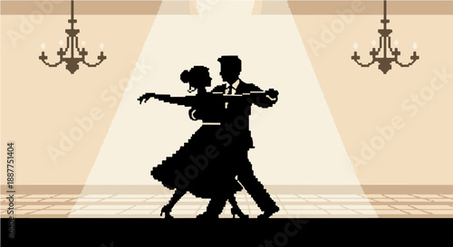 pixel art dancing couple silhouette performs an elegant ballroom routine under spotlights in a classic venue ideal for retro game design.