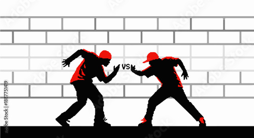 versus concept illustrating two stylized male silhouettes facing off in an intense urban street challenge against a brick wall background.