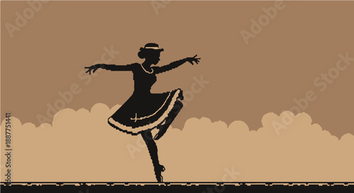 pixel art dancer silhouette elegantly performing vintage ballet in a retro digital illustration ideal for game design and graphic projects