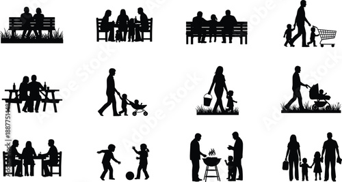 Family daily life silhouettes set, parents children activities, park picnic shopping walking stroller, happy lifestyle scenes, black isolated vector illustration