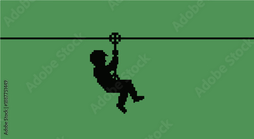 pixelated zip line adventurer sprite helmeted and harnessed sliding across a wire for a retro 8-bit video game graphic.