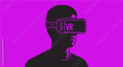 virtual reality headset with a pixelated retro design shows a person engaging with future technology for gaming and digital experience concepts