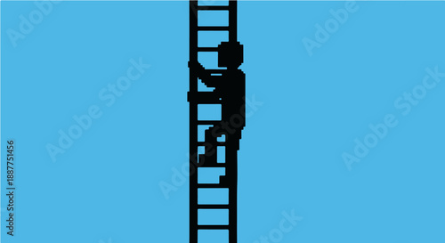 pixelated person climbing ladder on a vibrant blue background illustrating concepts of effort challenge and upward progress toward success