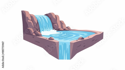 A stylized illustration of a waterfall cascading over rocky cliffs into a serene blue pool, with water flowing over an edge.