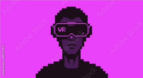 virtual reality headset illustration depicts a pixelated character exploring a digital metaverse suitable for technology gaming and future innovation concepts.