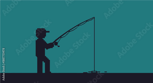 pixel art fishing silhouette depicts a retro video game character enjoying a relaxing hobby ideal for digital design and leisure concept
