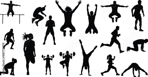 Fitness training silhouettes collection showing athletes jumping, running, stretching, strength exercises, dynamic workout poses, sports activity concept, isolated on white background