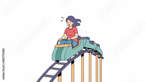 Frightened woman on a roller coaster experiencing a thrilling drop in an amusement park.