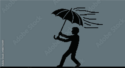 person holding umbrella struggling against strong wind pixel art illustration depicting resilience and adverse weather challenges for design.
