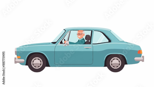 Smiling elderly man with glasses driving a vintage light blue two-door coupe car.