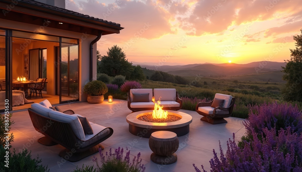 Fototapeta premium Modern villa patio with outdoor fire pit and plush seating. Lavender blooms frame view of Tuscan hills at sunset. Luxury home with expansive landscape and tranquil ambiance.