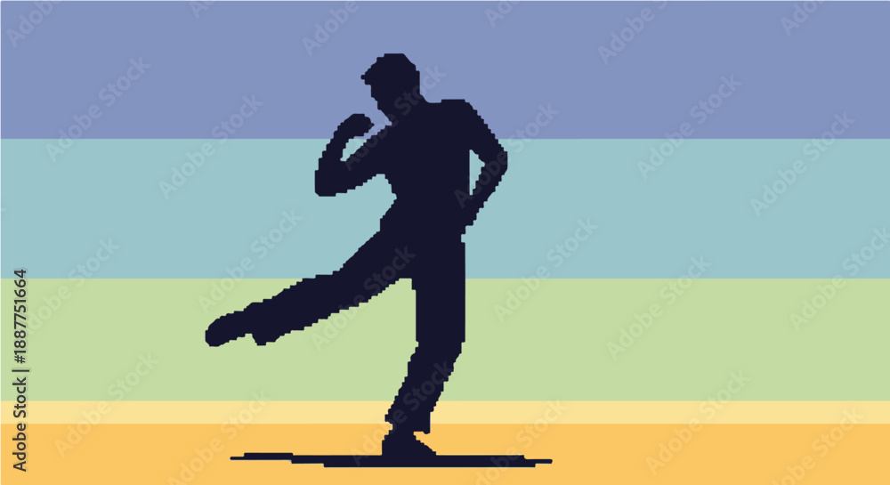 Obraz premium pixelated dancing man silhouette against a colorful striped retro 8-bit background for music gaming and entertainment design.