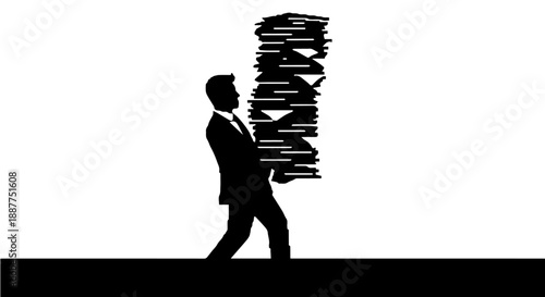 overworked businessman struggling with an immense pile of paperwork illustrating excessive workload stress and administrative burden.
