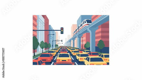 Busy city street with heavy traffic and an elevated monorail train passing above tall buildings.