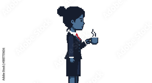 pixel art business woman taking a coffee break in a professional office setting representing a digital concept of morning routine and productivity.