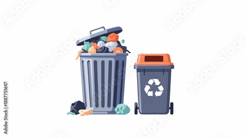 An overflowing garbage bin contrasts with a clean recycling container, symbolizing waste management.