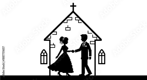 wedding couple in church holding hands a pixel art depiction within a simple chapel symbolizing sacred union and commitment.