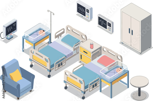 Hospital Room Isometric Illustration with Medical Equipment