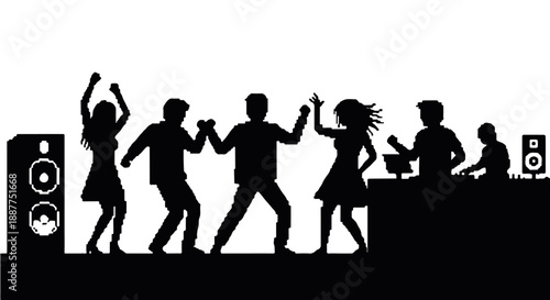 pixel art party silhouettes dancing and a dj mixing music at a lively retro club event perfect for video game design and social media.