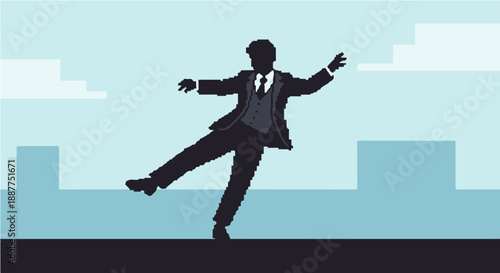 pixel art businessman dancing in a retro video game style urban cityscape illustrating concepts of agility risk or success for tech design.