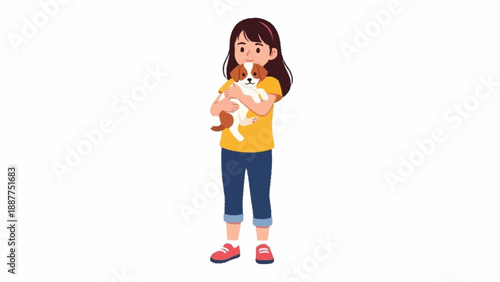 An adorable illustration of a happy young girl affectionately cradling her beloved pet puppy.