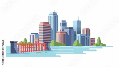 Contemporary city panorama featuring a collection of skyscrapers, a large red industrial dam, and a body of water.