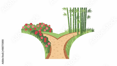 An illustrative dirt path diverging into two distinct routes, one leading past vibrant red flowers and the other by tall green bamboo stalks.