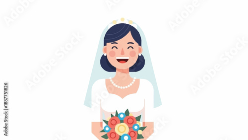A joyful cartoon bride in a white dress smiles broadly while holding a colorful floral bouquet.