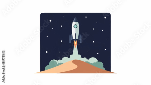 An animated rocket launching from a sandy dune, leaving a trail of smoke against a dark, star-filled night sky.