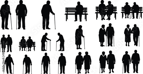 Elderly people silhouettes collection, senior men and women walking sitting with canes, retirement lifestyle scenes, vector icons, isolated white background