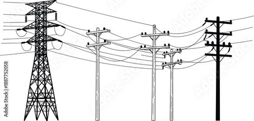 Electric power line silhouettes, transmission tower utility poles with wires, energy infrastructure illustration, black vector isolated white background design