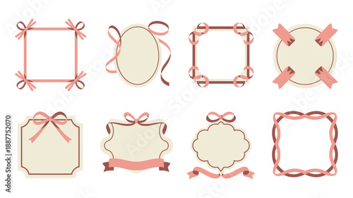 Elegant ribbon label frames vector collection with oval cameo, square borders, scallop edges for wedding invitation, bridal shower, anniversary design
