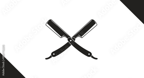 Two Crossed Straight Razors isolated on a white background, traditional shaving tools for barbershop.