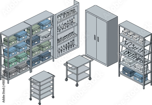 Organized Storage Room with Shelves and Rolling Carts Illustration