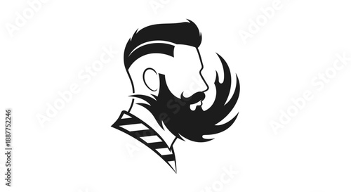 Hipster Man Head Profile with Elaborate Beard, Mustache, and Classic Haircut on isolated white background, vintage barbershop style.