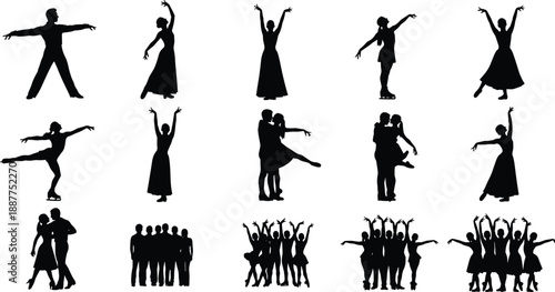 Dance silhouette collection, ballet modern dancers couples and groups performing expressive movements, black vector illustration isolated on white background