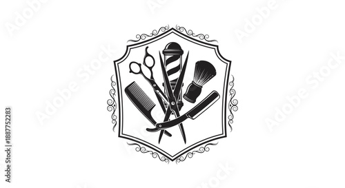 Classic Barbershop Tools in Ornate Hexagonal Frame on Isolated White Background