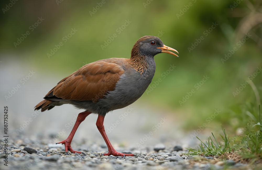 Fototapeta premium Brown and grey Weka bird walks on gravel path. This flightless New Zealand native species has long beak and curious eyes. Weka searches for food among green grass and foliage.