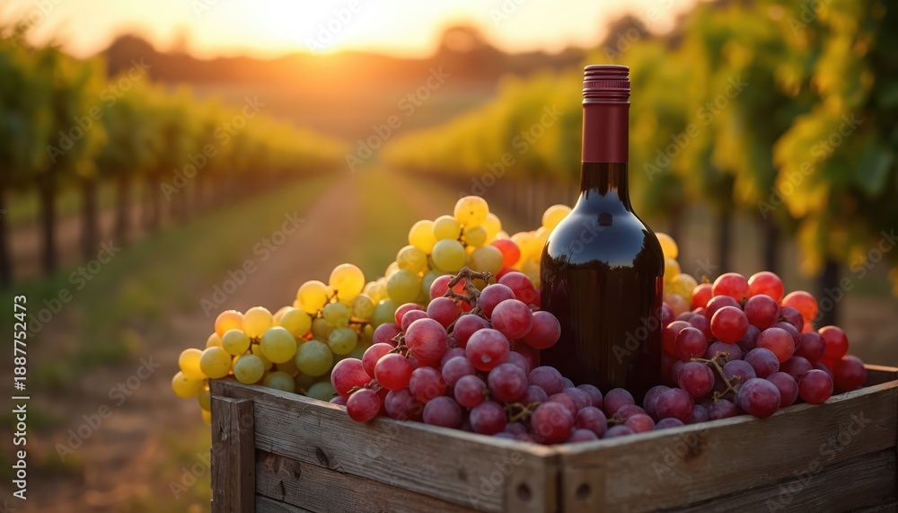 Fototapeta premium Wooden crate filled with ripe red and green grapes rests in a vineyard at sunset. A dark glass wine bottle stands beside the fruit, representing harvest and tradition.