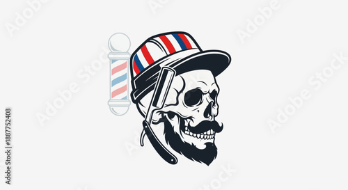 Barbershop Skull with Striped Cap and Straight Razor in Bright Studio