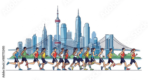 City Marathon Runners in Urban Landscape.
