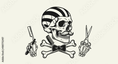 Barbershop Skull with Striped Beanie, Moustache, Straight Razor, and Scissors on Isolated White Background