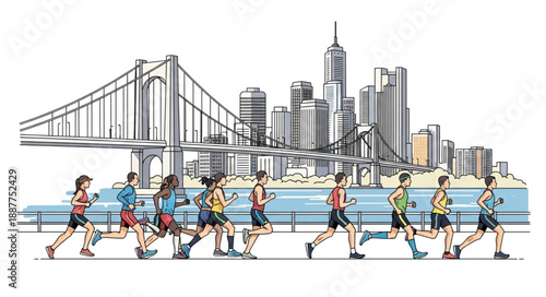City Marathon Runners Jogging Along Waterfront with Skyline Background.
